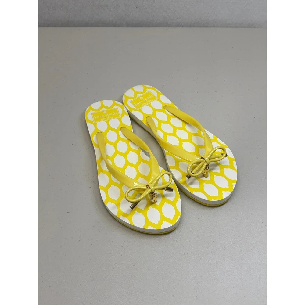 Kate Spade New York Yellow Lemon Print Bow Flip Flops Sandals 6 M